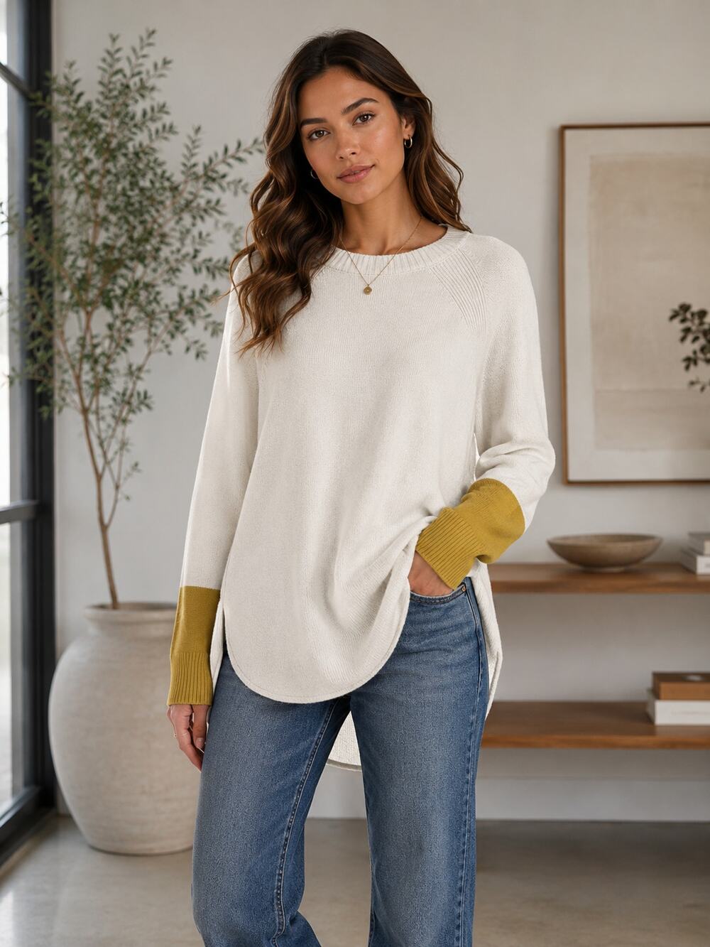 Anthropologie Rebekah colorblock Sz L sweater mustard cuffs curved dolphin hem